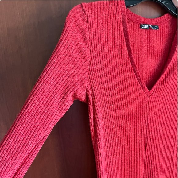 ZARA - Ribbed Midi V-neck Dress | Size: S | Color: Dark Red - Picture 1 of 3